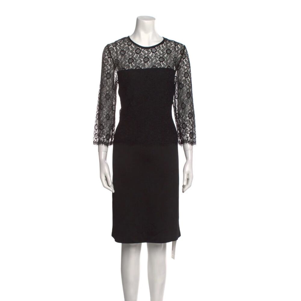 ST. JOHN black lace elegant 3/4 sleeve classic lbd crew neck scalloped dresscbg